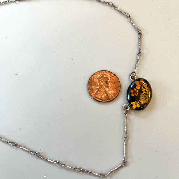 Pressed Flower Necklace, 17 Inch, Delicate Silver Chain, Vintage 1950's - Picture 5 of 8